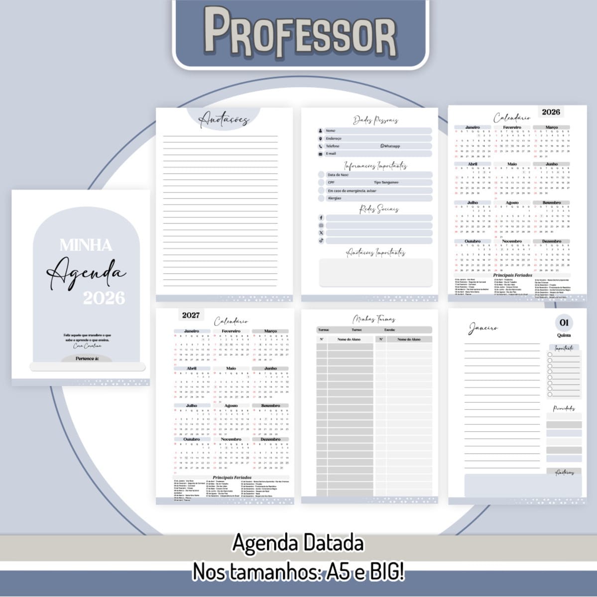 Kit Digital Dia do Professor 2025 para Personalizar 2 Apresentação de páginas internas e capa de uma agenda datada para professor.