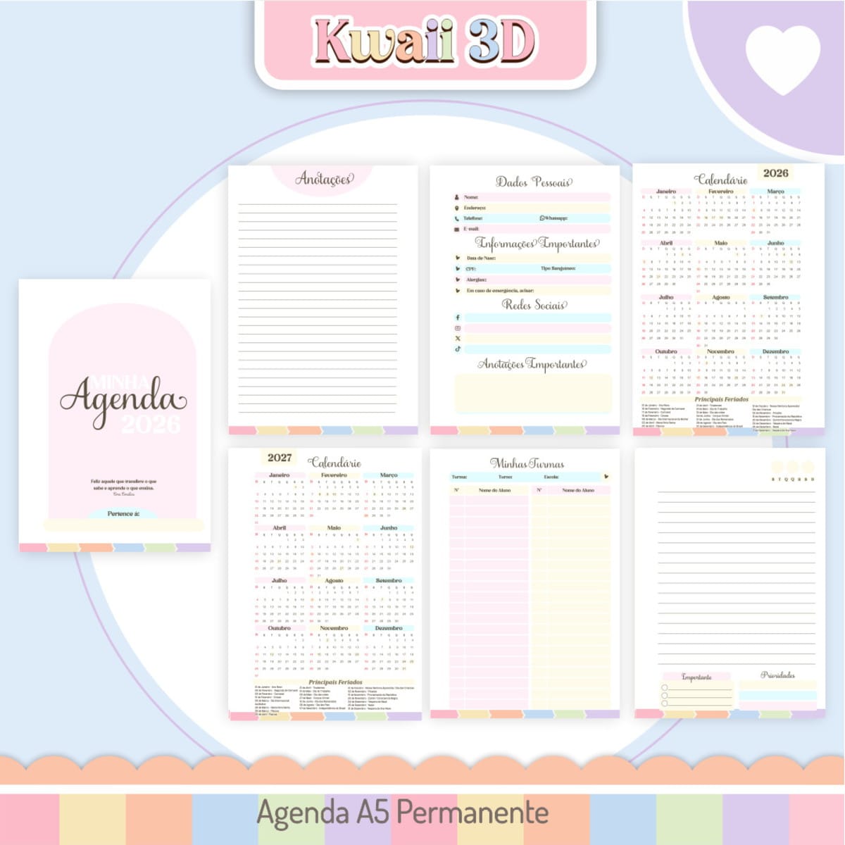 Kit Digital Dia do Professor Kawaii 3D para Imprimir 2 Amostra digital de páginas internas de uma agenda em formato A5.