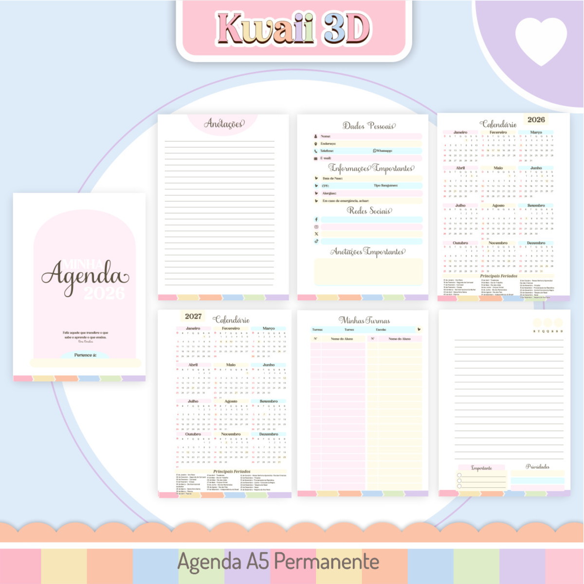 Kit Digital Dia do Professor Kawaii 3D para Imprimir 2 Kit Digital Dia do Professor Kawaii 3D para Imprimir - Imagem 2