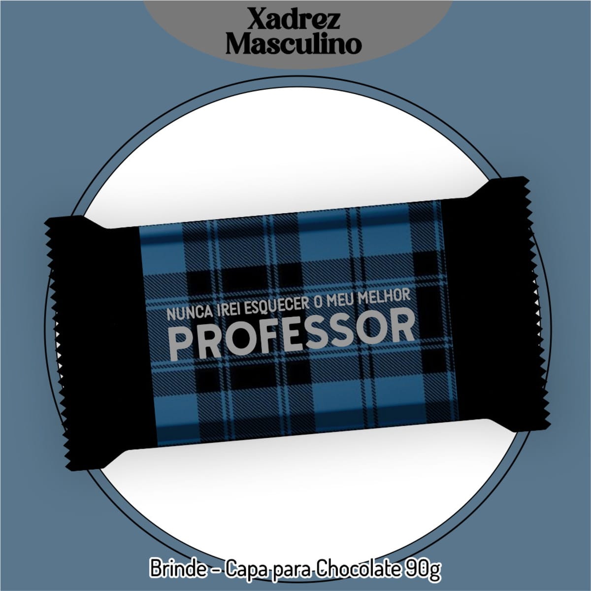 Kit Digital Dia dos Professores 2025 Tema Xadrez 2 Capa para chocolate com estampa xadrez azul e preta e texto centralizado.