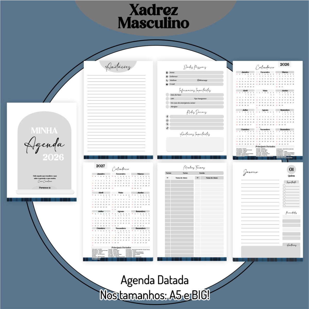 Kit Digital Dia dos Professores 2025 Tema Xadrez 3 Apresentação de páginas internas e capa de uma agenda digital datada.