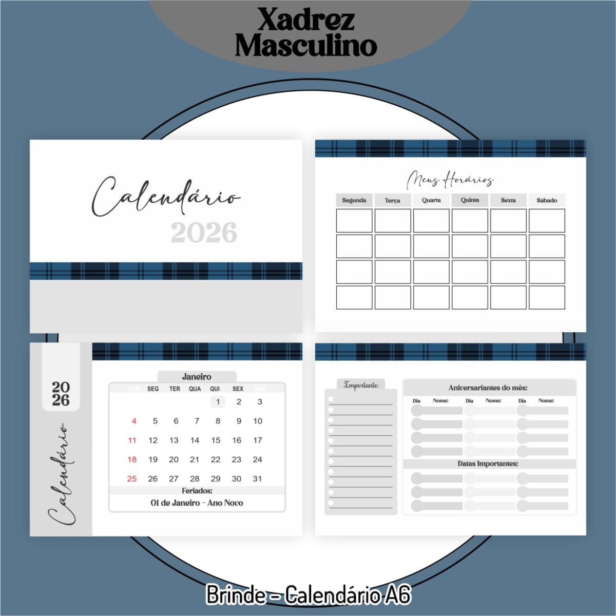 Kit Digital Dia dos Professores 2025 Tema Xadrez 4 Apresentação de folhas de calendário digital com tema xadrez azul.