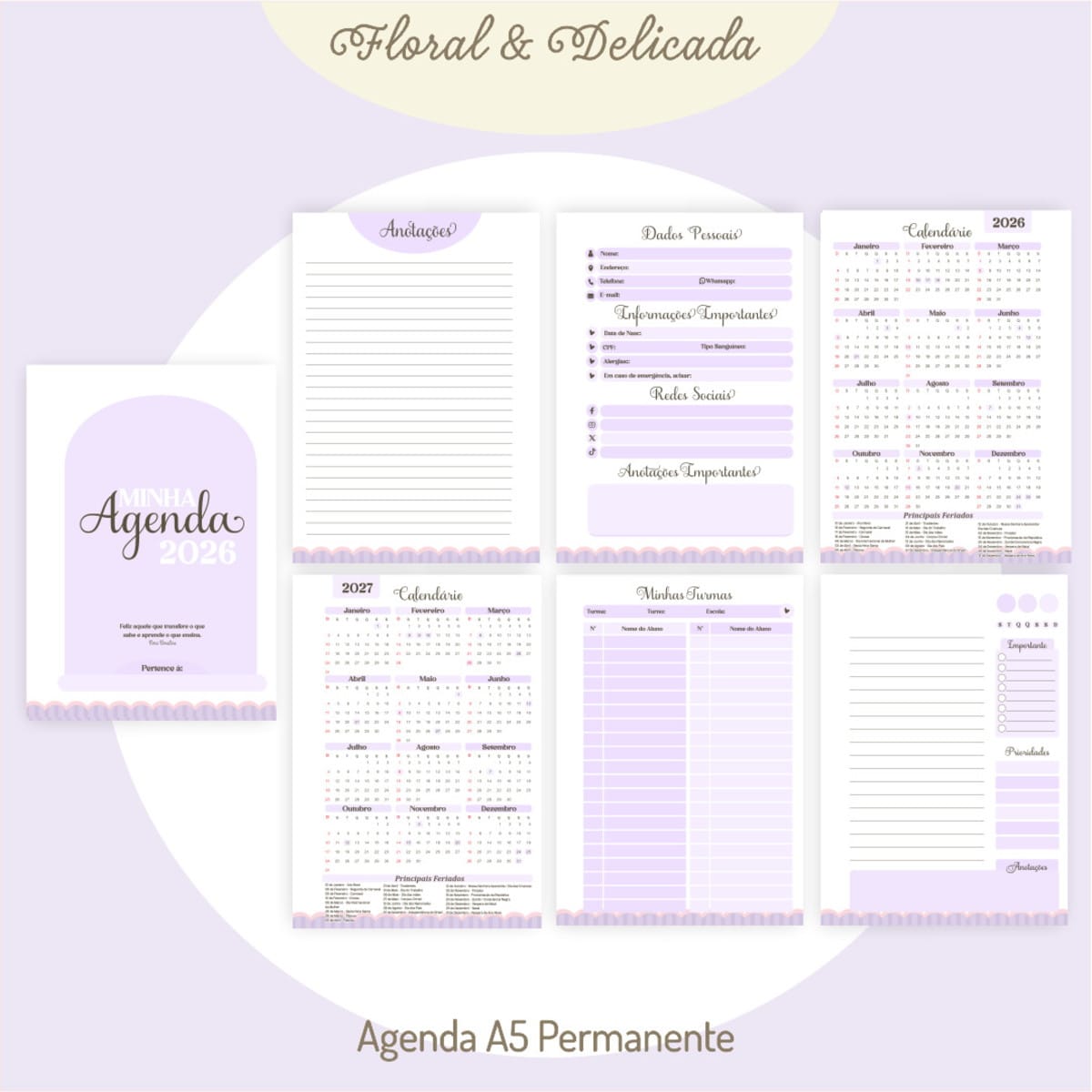 Kit Digital Dia dos Professores Floral para Personalizar 3 Apresentação de páginas digitais de uma agenda com tema floral em tons de roxo.