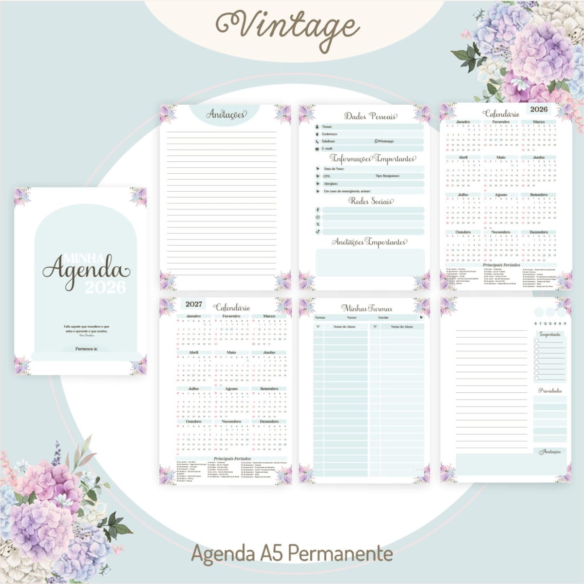 Kit Digital Dia dos Professores Vintage para Sublimação 2 Apresentação digital de várias páginas de uma agenda planejadora com tema floral e vintage.