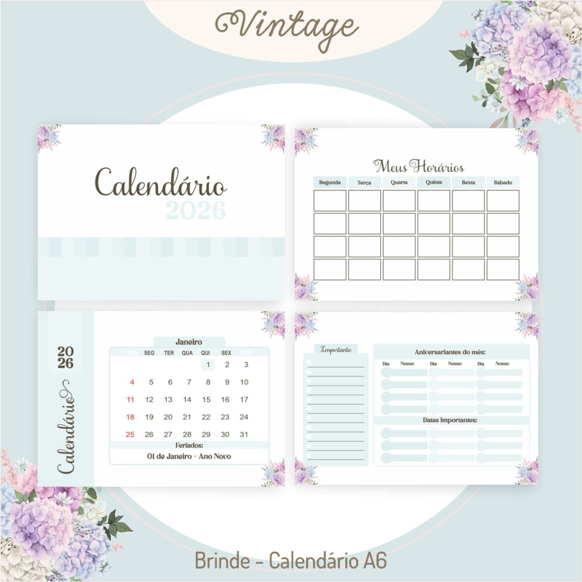 Kit Digital Dia dos Professores Vintage para Sublimação 4 Apresentação de páginas de calendário e planejador decoradas com flores roxas.