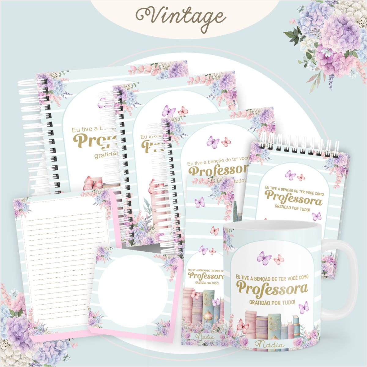 Kit Digital Dia dos Professores Vintage para Sublimação 1 Conjunto de papelaria e caneca com estampa floral e de livros em tons pastéis.