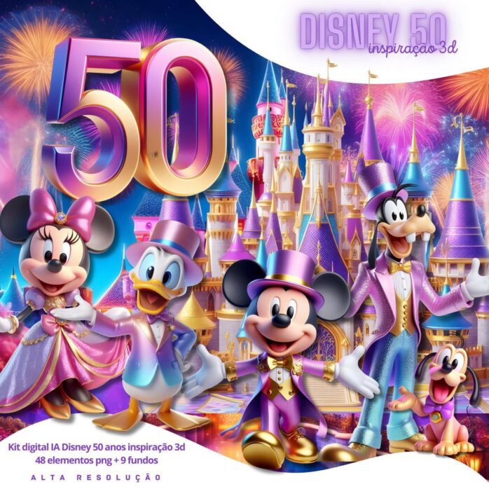 Kit Digital Disney 50 Anos Cute Ilustrações Personagens Png