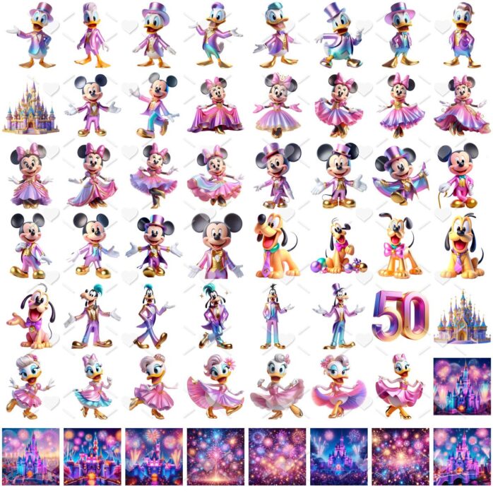 Kit Digital Disney 50 Anos Cute Ilustrações Personagens Png