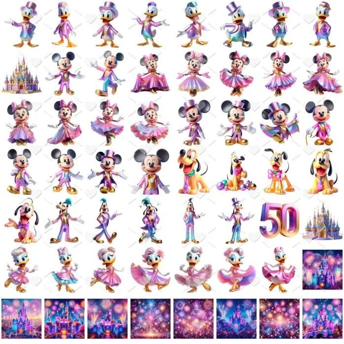 Kit Digital Disney 50 Anos Cute Ilustrações Personagens Png