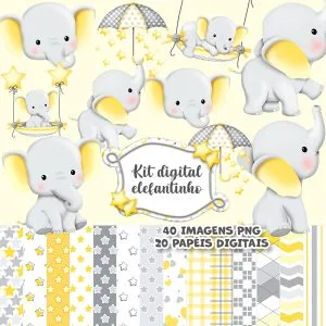 Kit Digital Elefante Amarelo Bebê Menino Png Personalizados