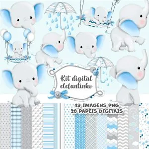 Kit Digital Elefante Azul Bebê Menino Png Personalizados