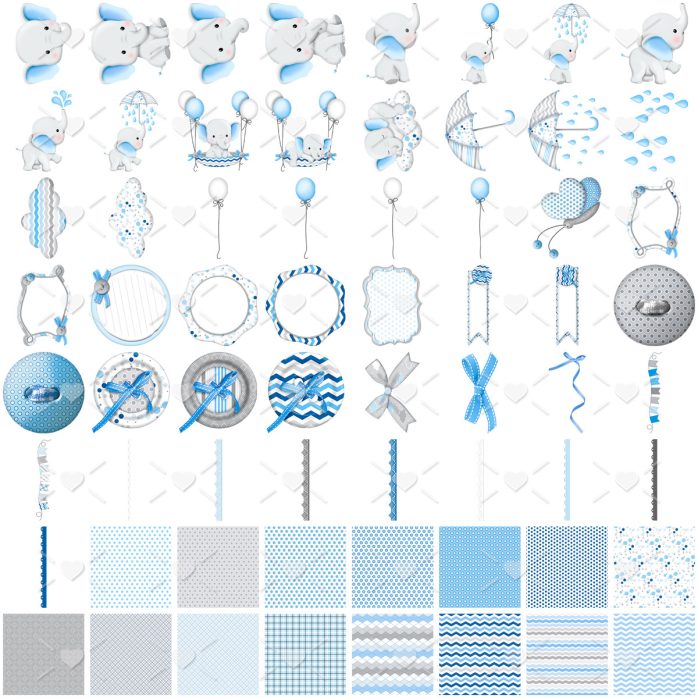 Kit Digital Elefante Azul Bebê Menino Png Personalizados
