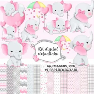 Kit Digital Elefante Rosa Bebê Menina Png Personalizados
