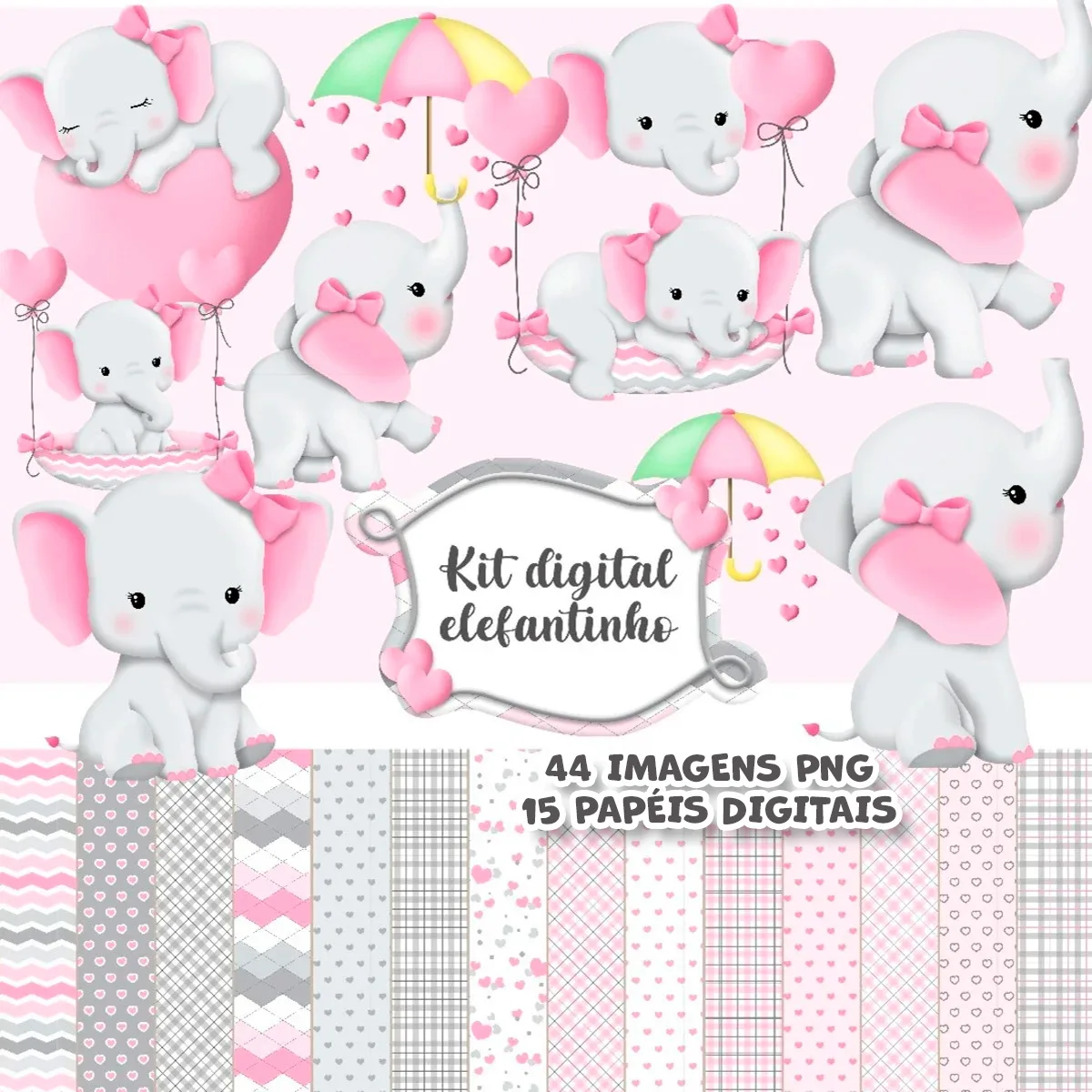 Kit Digital Elefante Rosa Bebê Menina Png Personalizados