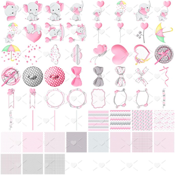 Kit Digital Elefante Rosa Bebê Menina Png Personalizados