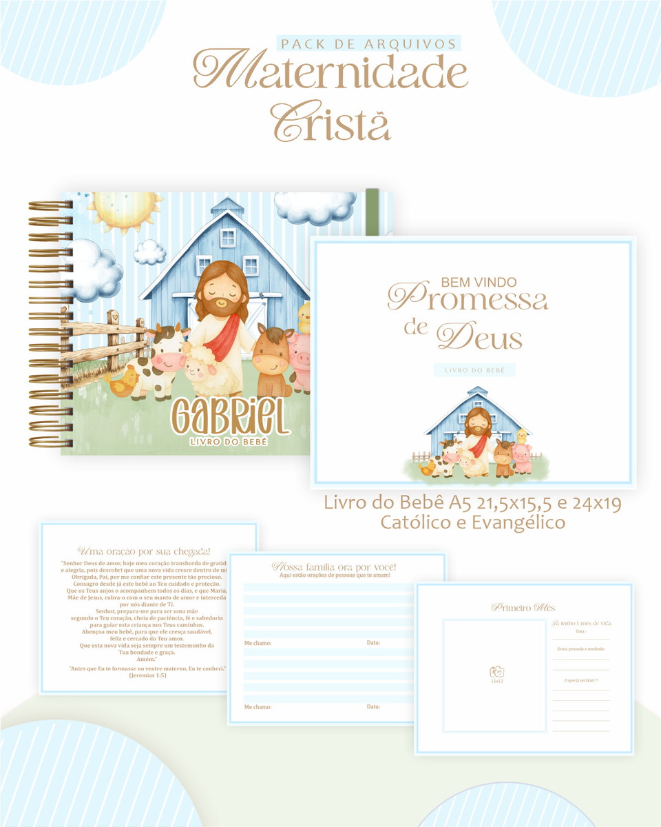 Kit Digital Encadernação Bebê Menino Fazendinha com Jesus 1 Kit Digital Encadernação Bebê Menino Fazendinha com Jesus