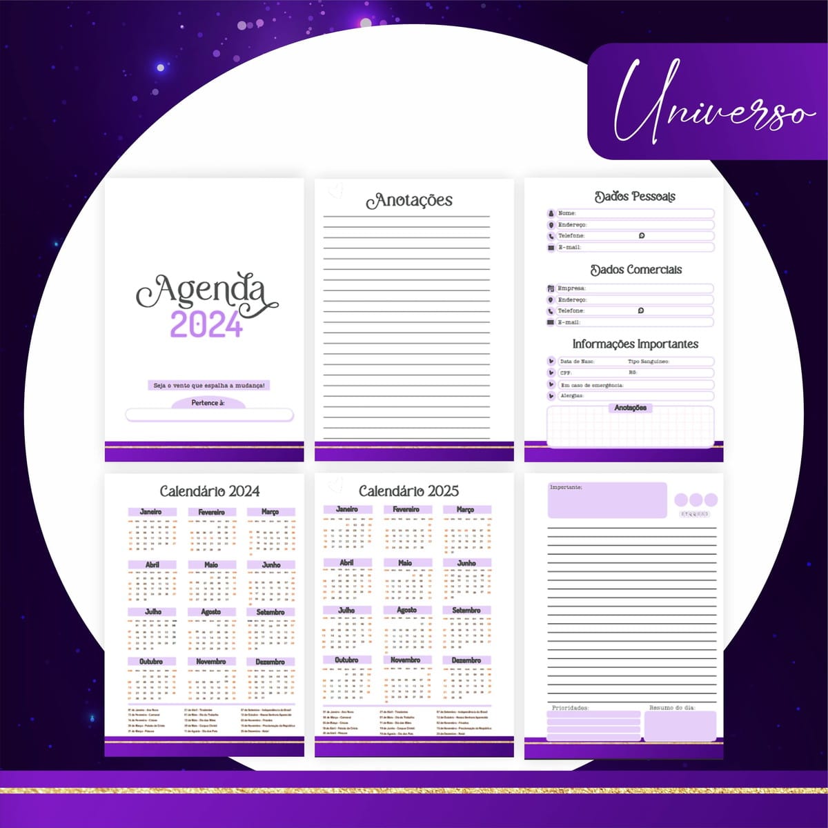 Kit Digital Encadernação Universo Místico 2024 3 Apresentação de páginas internas de uma agenda digital colorida em tons de roxo.