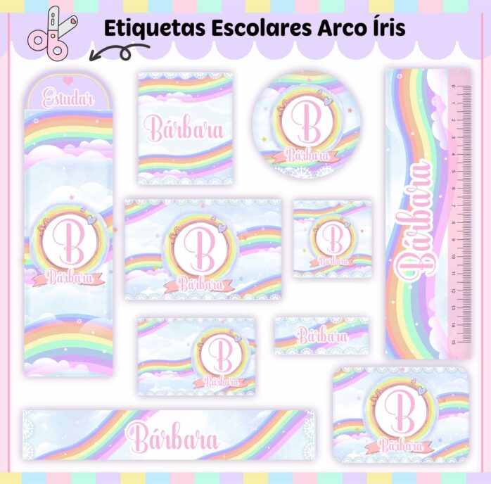 Kit Digital Etiquetas Escolares Arco-Íris V2