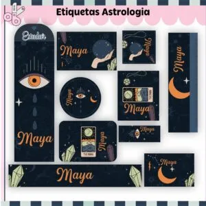 Kit Digital Etiquetas Escolares Astrologia 11 Coleção de etiquetas escolares personalizadas com tema místico e ilustrações de astrologia.
