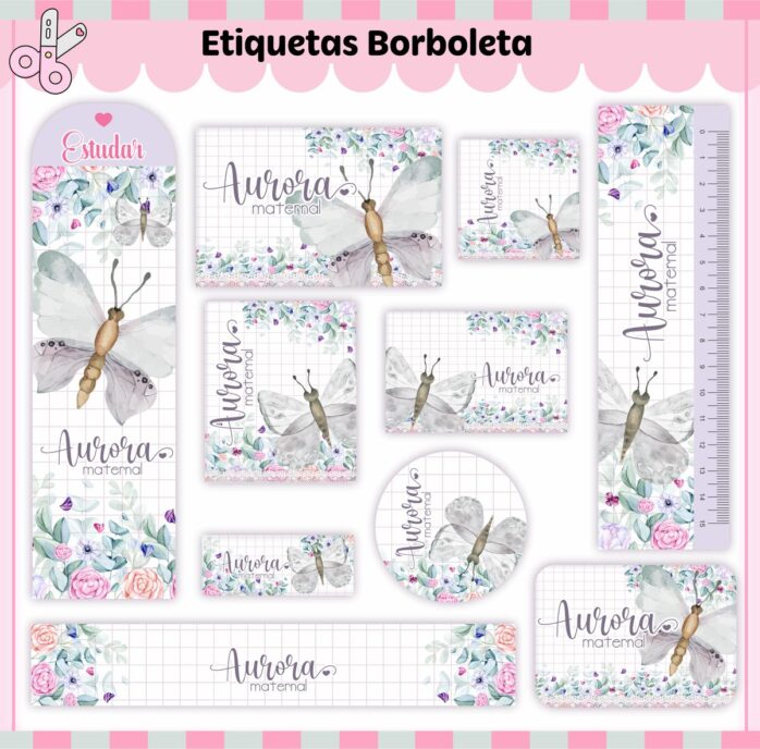 Kit Digital Etiquetas Escolares Borboletas V3
