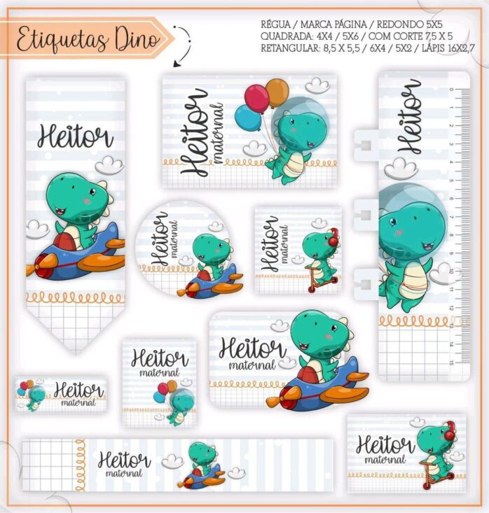 Kit Digital Etiquetas Escolares Dino