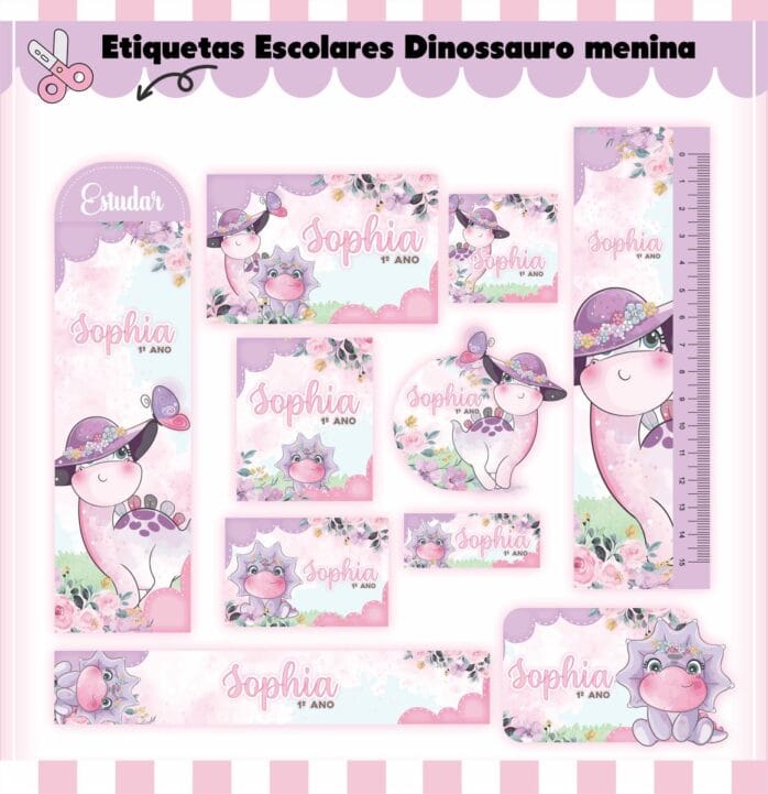 Kit Digital Etiquetas Escolares Dino Menina