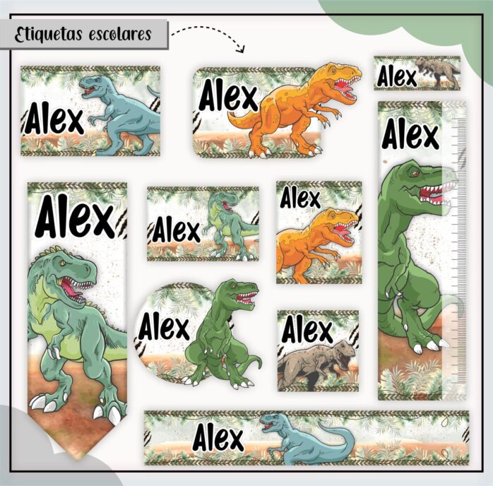 Kit Digital Etiquetas Escolares Dinossauro T-Rex