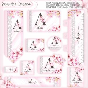 Kit Digital Etiquetas Escolares Floral Cerejeira