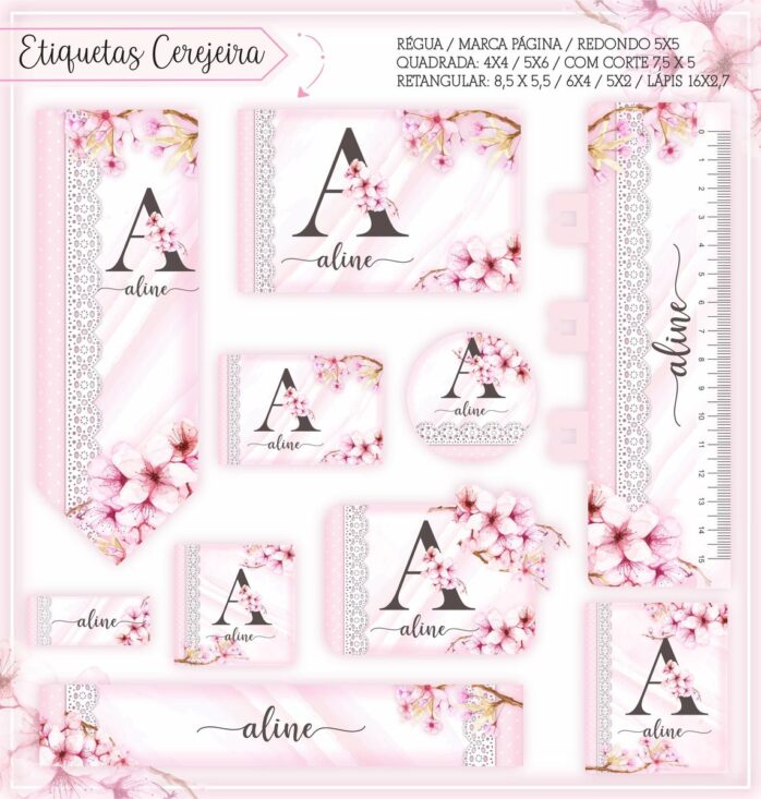 Kit Digital Etiquetas Escolares Floral Cerejeira