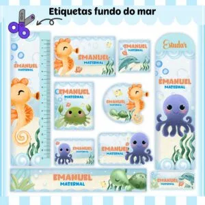 Kit Digital Etiquetas Escolares Fundo do Mar Menino