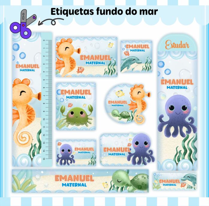 Kit Digital Etiquetas Escolares Fundo do Mar Menino