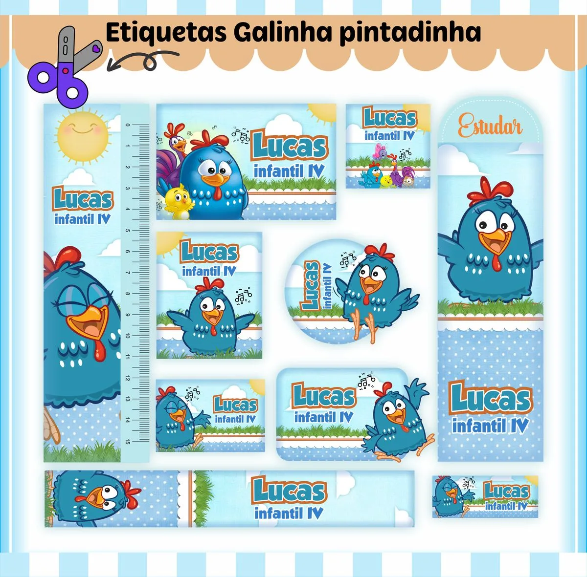 Kit Digital Etiquetas Escolares Galinha Pintadinha Menino