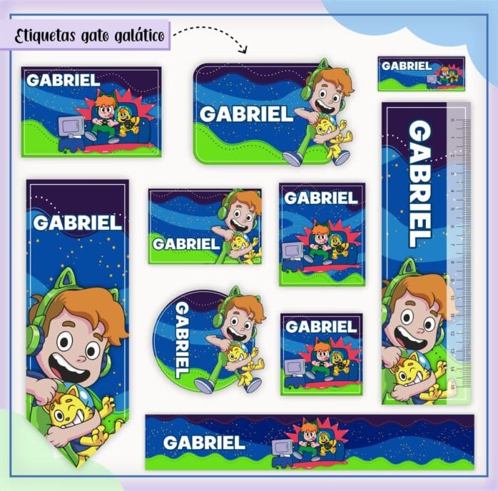 Kit Digital Etiquetas Escolares Gato Galático
