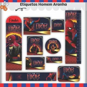 Kit Digital Etiquetas Escolares Homem Aranha V2 15 Coleção de etiquetas escolares personalizadas com tema de super-herói e cores vibrantes.