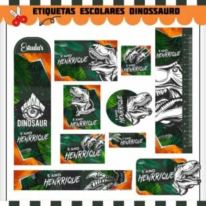 Kit Digital Etiquetas Escolares Jurassic 19 Conjunto de etiquetas escolares adesivas com ilustrações de dinossauros e fundo temático florestal.