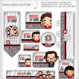 Conjunto de etiquetas escolares personalizadas com desenhos de personagens e textos informativos.