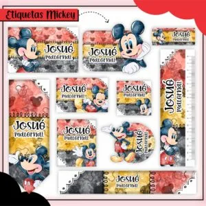 Kit Digital Etiquetas Escolares Mickey 9 Coleção de etiquetas escolares personalizadas com personagem de desenho animado e fundo decorado.