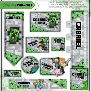 Kit Digital Etiquetas Escolares Minecraft Verde