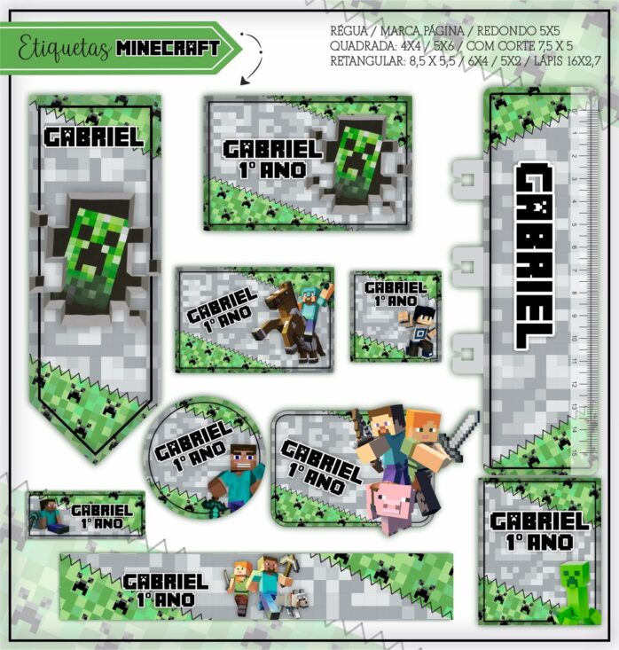 Kit Digital Etiquetas Escolares Minecraft Verde
