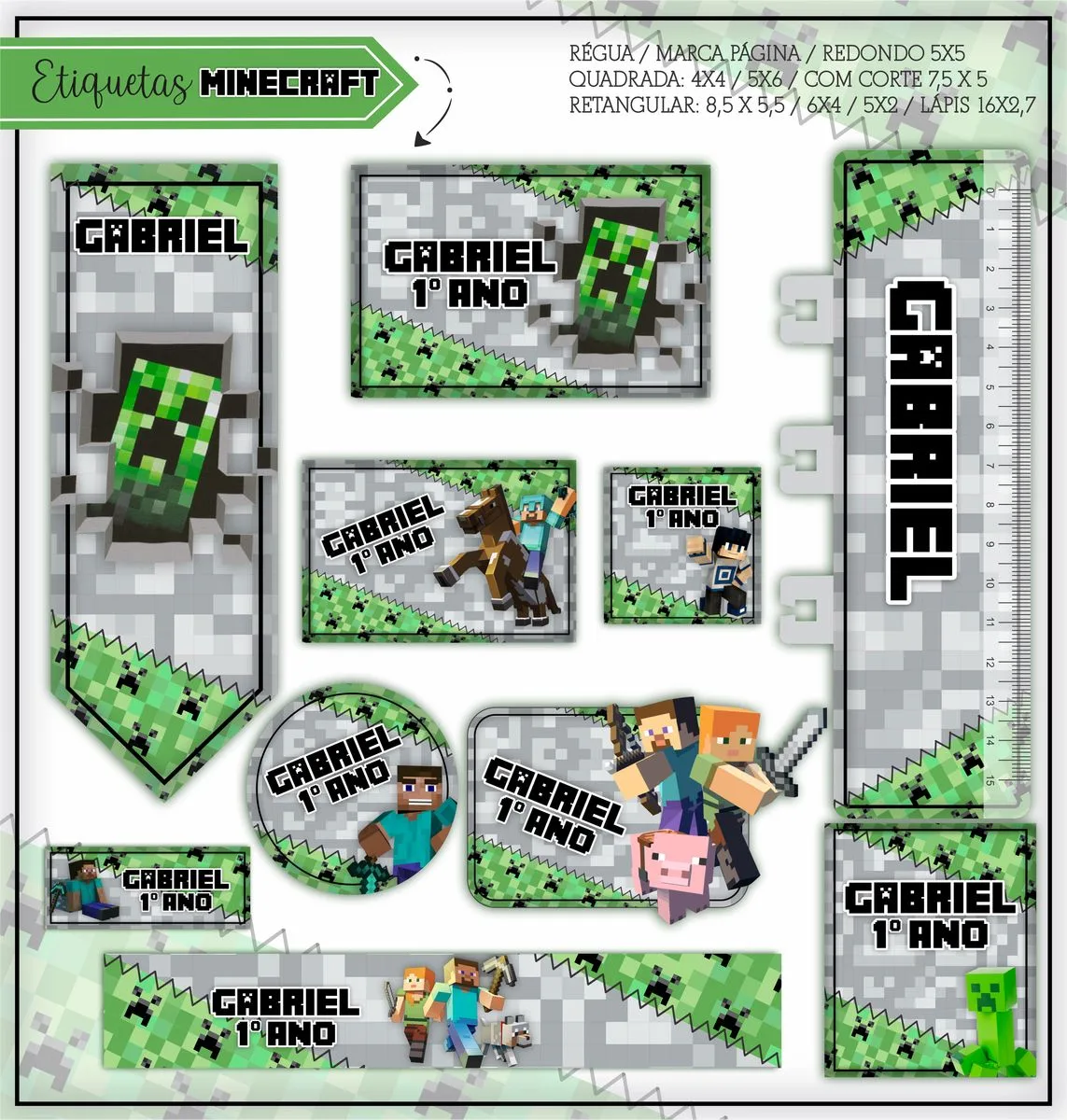 Kit Digital Etiquetas Escolares Minecraft Verde 1 Coleção de etiquetas personalizadas com temática de blocos verdes e personagens de videogame.