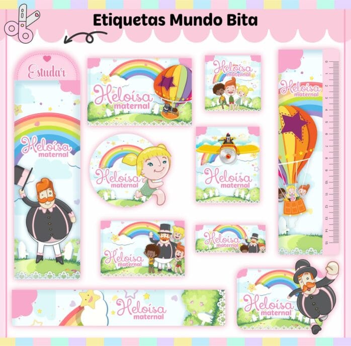 Kit Digital Etiquetas Escolares Mundo Bita Menina