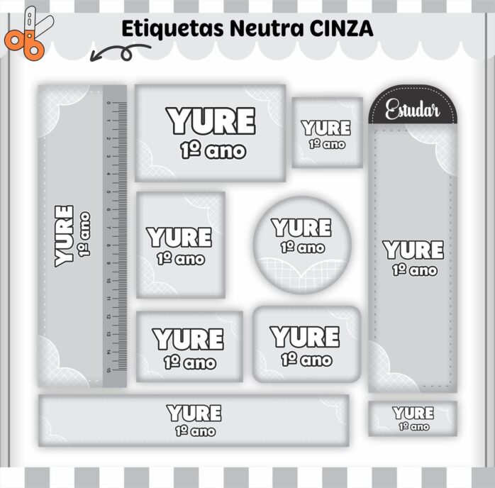 Kit Digital Etiquetas Escolares Neutro Cinza