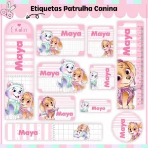 Kit Digital Etiquetas Escolares Patrulha Canina Menina V2 12 Etiquetas adesivas personalizadas com desenhos de cachorros em tons de rosa e branco.