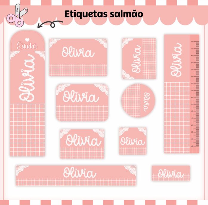 Kit Digital Etiquetas Escolares Salmão Neutro