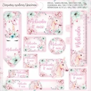 Kit Digital Etiquetas Escolares Unicórnio