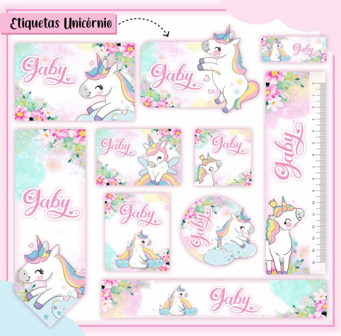 Kit Digital Etiquetas Escolares Unicórnio Cute
