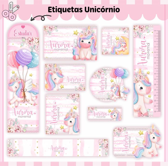 Kit Digital Etiquetas Escolares Unicórnio V3