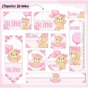 Kit Digital Etiquetas Escolares Ursinha Rosa