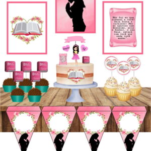 Kit Digital Evangélico Feminino para Lembrancinhas e Festas 37 Decoração de mesa em tons de rosa com bolo, doces e bandeirolas.