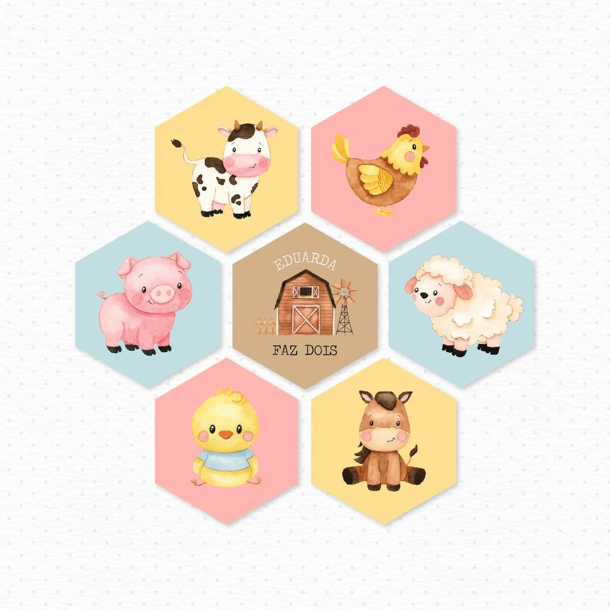 Desenho de animais de fazenda em hexágonos coloridos com um celeiro ao centro